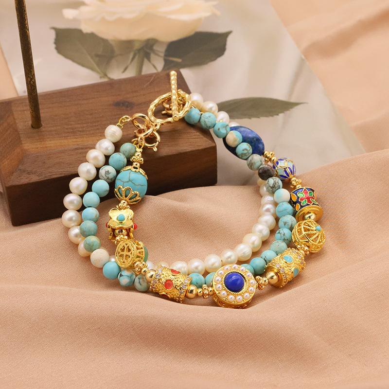 Pulsera de perlas de agua dulce natural para niñas pulseras de tres capas de cloisonné turquesa de alta calidad