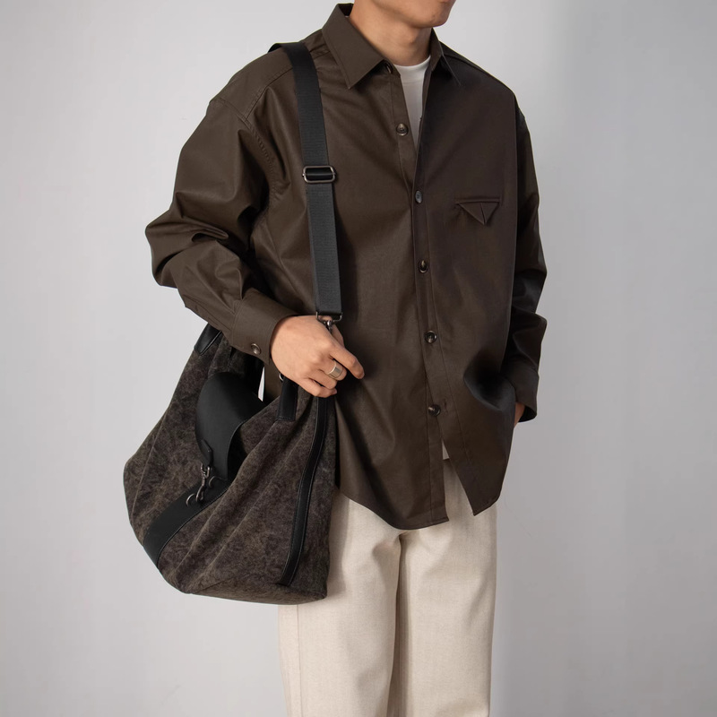 Nengmeng Maillard Inverted Triangle Pu Leather Jacket for Men, Spring and Autumn Vintage Color High-End Style, Turn-Down Collar Long-Sleeve Men's Shirt