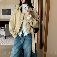 杨泡卡其色工装立领夹克女2025秋季新款收腰廓形休闲显瘦短外套