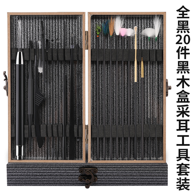 Fábrica en stock oreja recoger limpieza del oído cera limpieza pluma de ganso palo oreja recogiendo el color del pelo caja de madera oreja recogiendo herramienta traje