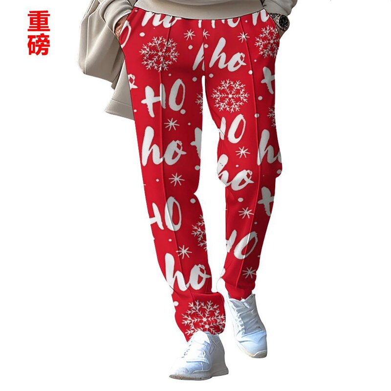 New European Size Hot-Selling Christmas Series Men's Fashion Casual 3D Printed Loose Drawstring Straight-Leg Trousers for Men