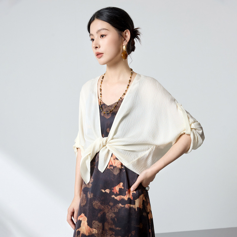 Ink Painting Style [100% Mulberry Silk] High-End Silk Bubble Crepe Outer Cardigan for Women, Spring/Summer 2026 Versatile Top 2501