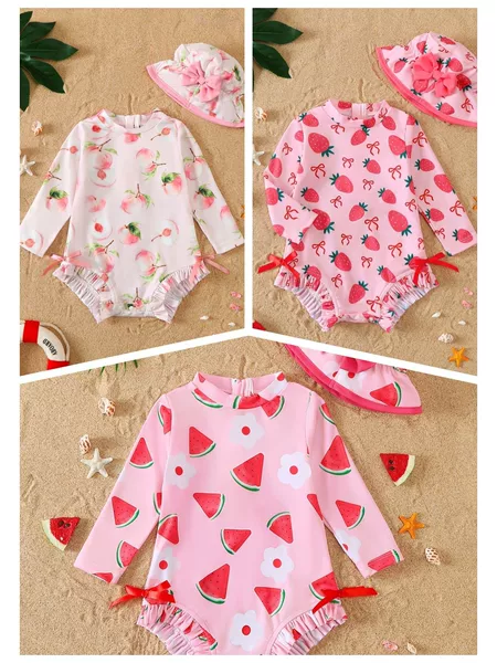 2026 New Style Girls' Long-Sleeved One-Piece Swimsuit with Strawberry and Watermelon Print Hat and Sun Protection Swimsuit Set