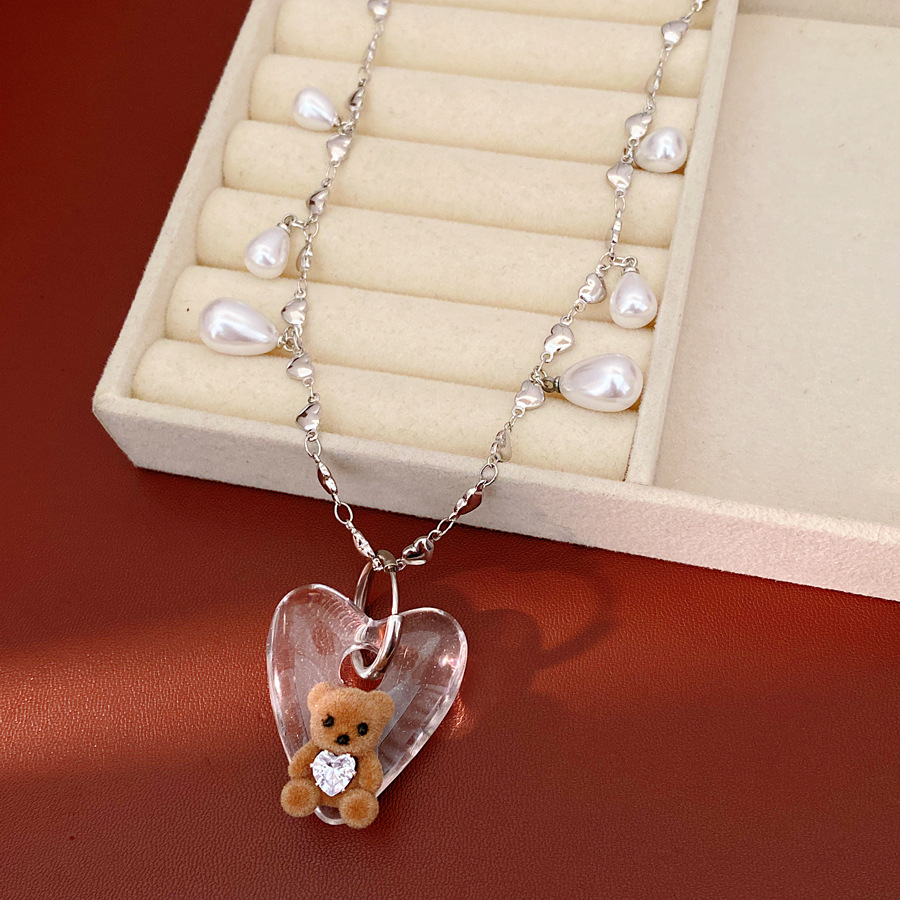 Resina de zircón fringe amor peluche osos collar de perlas temperamento suéter cadena alta sensación lujoso conjunto de joyas ligeras