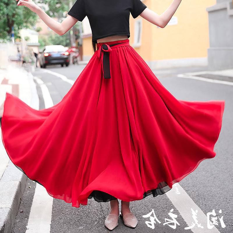 Solid color red dancing two-color big black summer shiffon long…