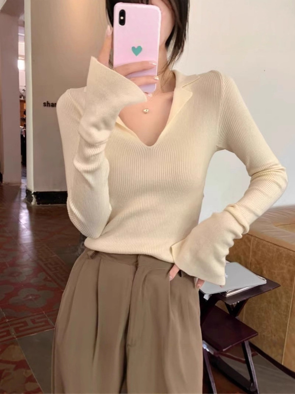 高级螺纹polo翻领针织毛衣女春季秋装V领法式内搭长袖打底衫上衣|undefined