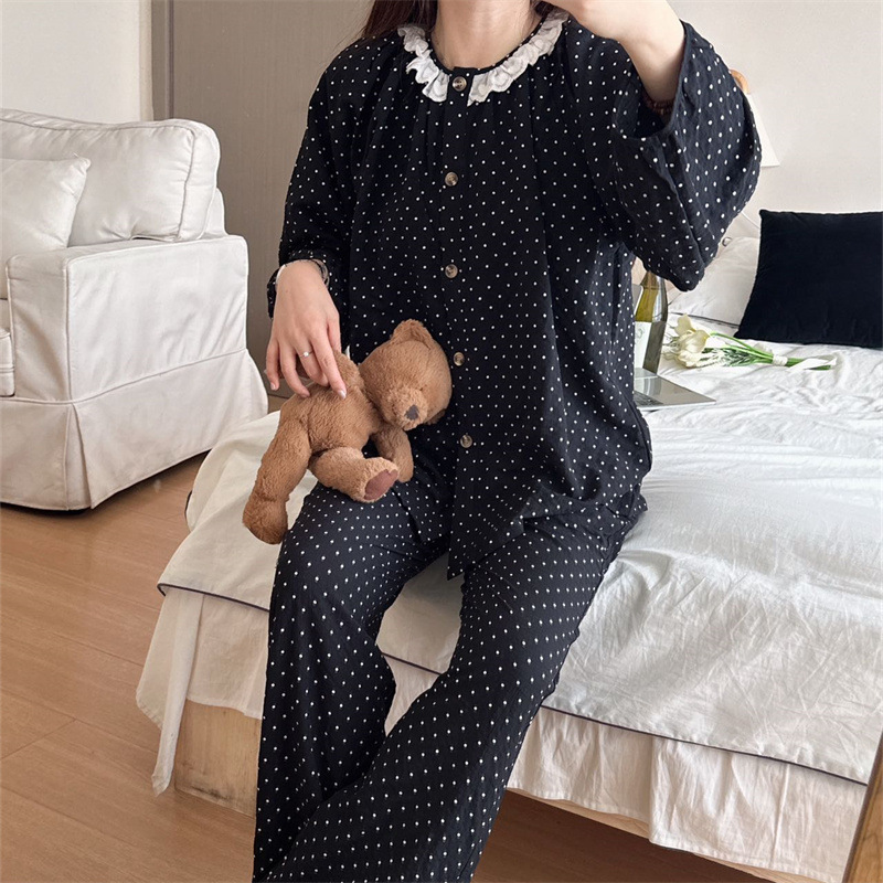 レース波点宅服フワフワ格パジャマレディース高級感ネットレッド風アウター長袖長ズボン春秋スーツ|undefined