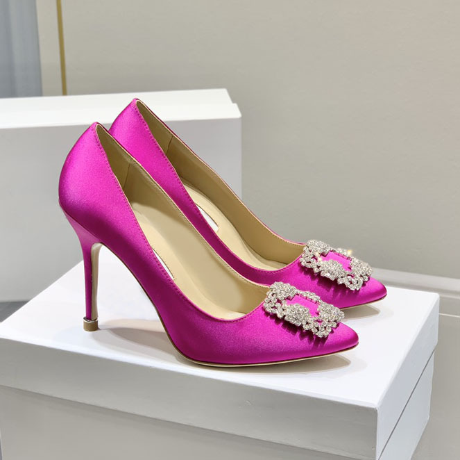 MB高跟鞋真丝水钻方扣绸缎细跟尖头婚鞋浅口OL百搭宴会鞋外贸女鞋