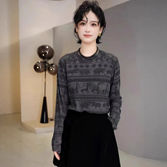 复古小象印花圆领长袖t恤女2025早秋超火减龄休闲百搭打底衫上衣