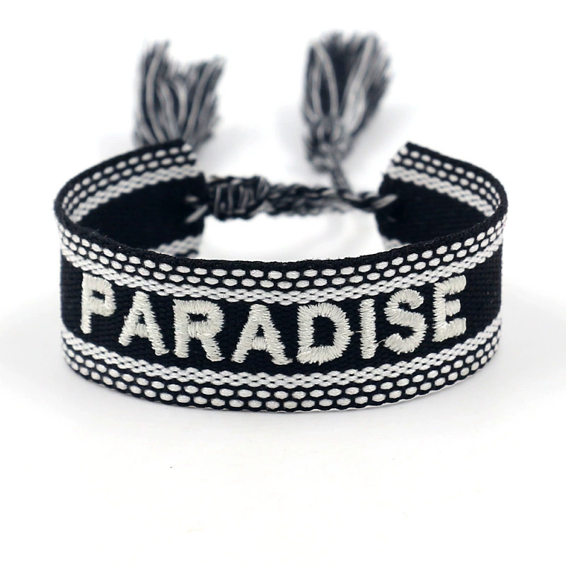 handmade woven bracelet, polyester, embroidered letters with tassels, adjustable (love)