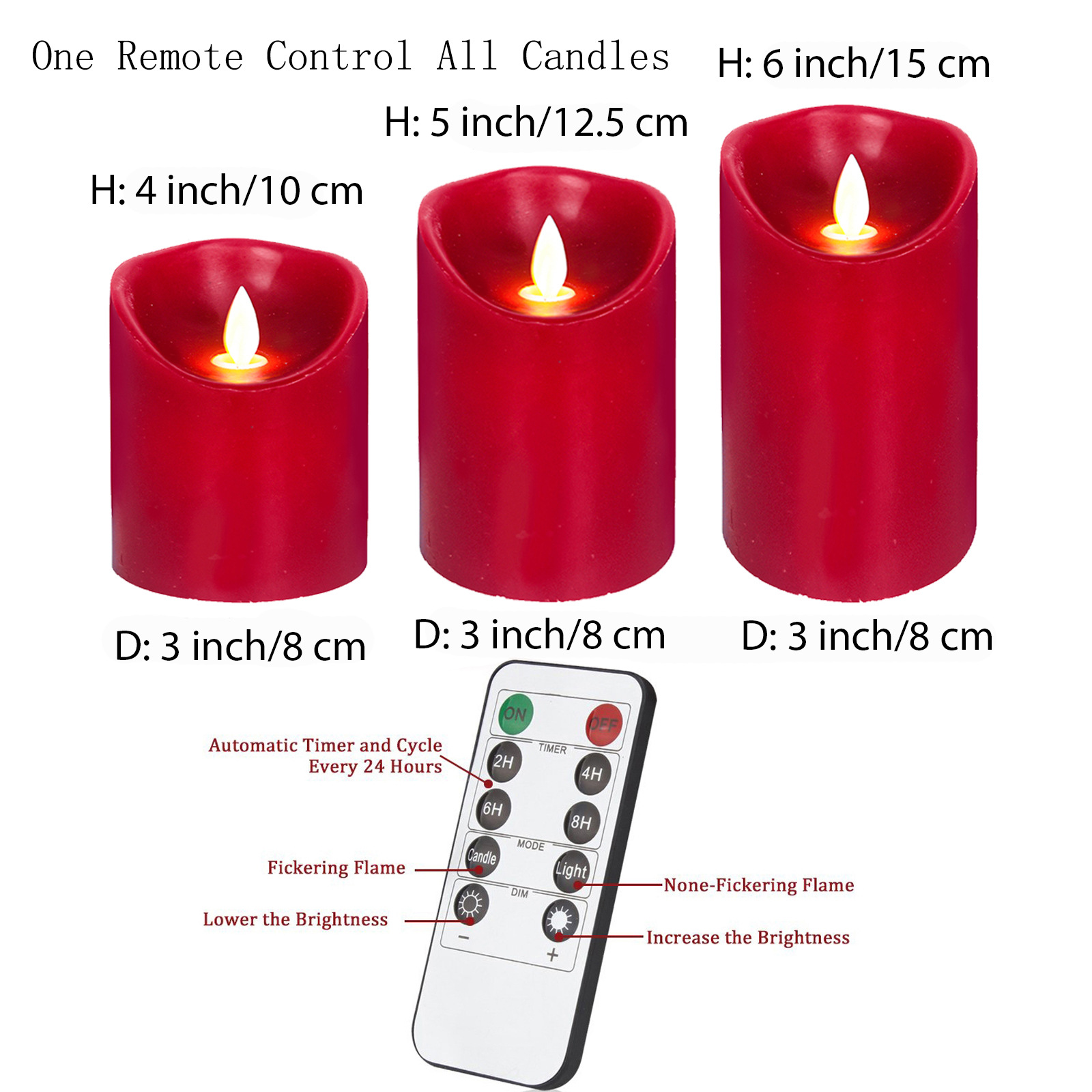 Lámpara de vela electrónica de color vino rojo LED mecha oscilante diámetro 8cm altura 10 / 12.5 / 15cm vela sin llama