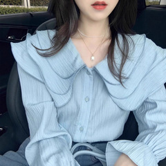 哥家商场同款女装2025秋季蓝色娃娃领雪纺衬衫荷叶边衬衣法式上衣