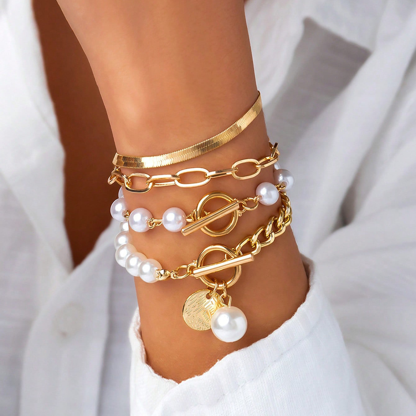 Cross-border Popular Pearl Multi-layer Jewelry, Portrait OT Clasp Bracelet Set, Personalized Cross Chain Hand_voghion.com