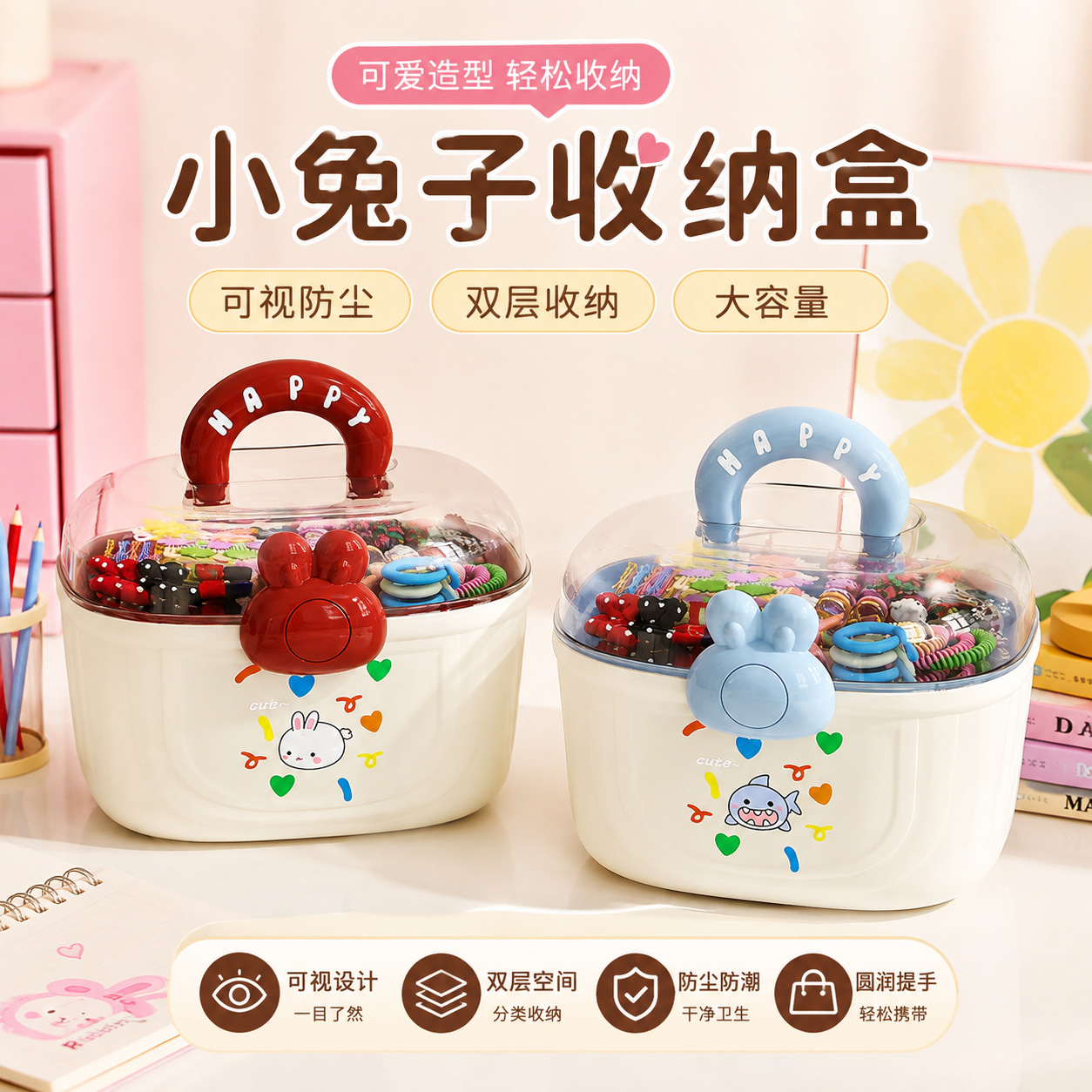 网红桌面小女孩发饰盒儿童卡通双层收纳箱带分隔发夹首饰收纳盒
