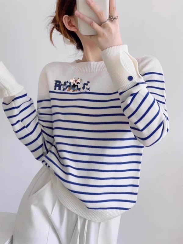 蓝色条纹卡通大力水手印花圆领针织衫女早秋新款宽松显瘦洋气毛衣|undefined