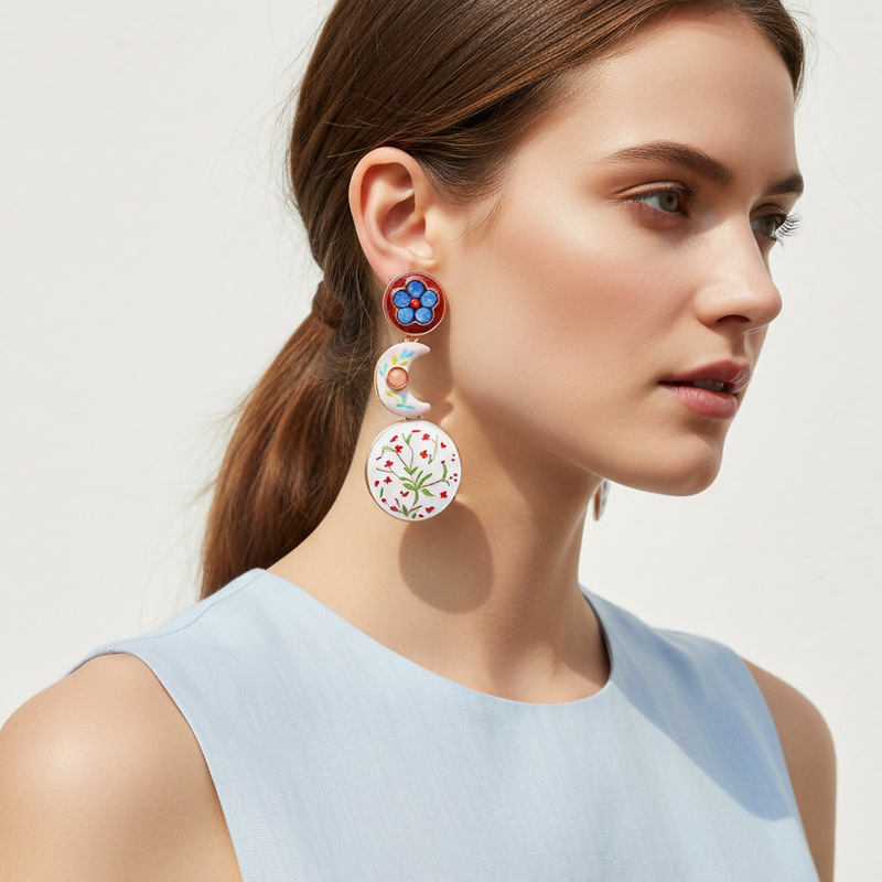 Za Fashion Cross-Border Hot-Selling Dopamine Color-Blocking Enamel Earrings European and American Retro Painted Flower Asymmetric Earrings for Women