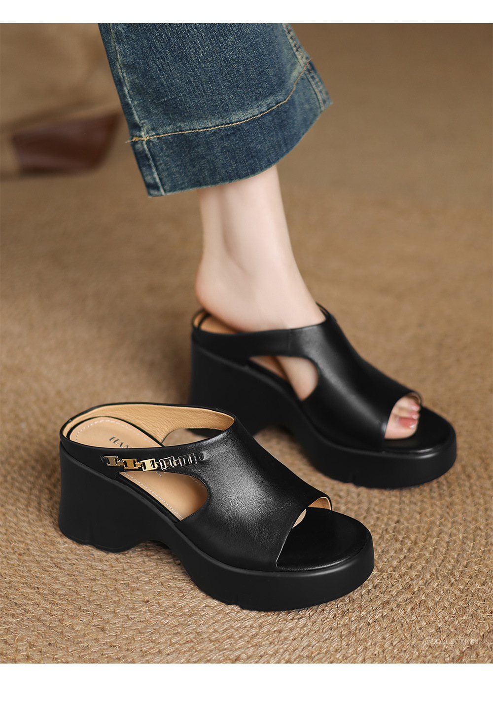 Dép sandal quai ngang nữ đế xuồng da bò mũi vuông hở mũi gót dày — đen chi tiết 2