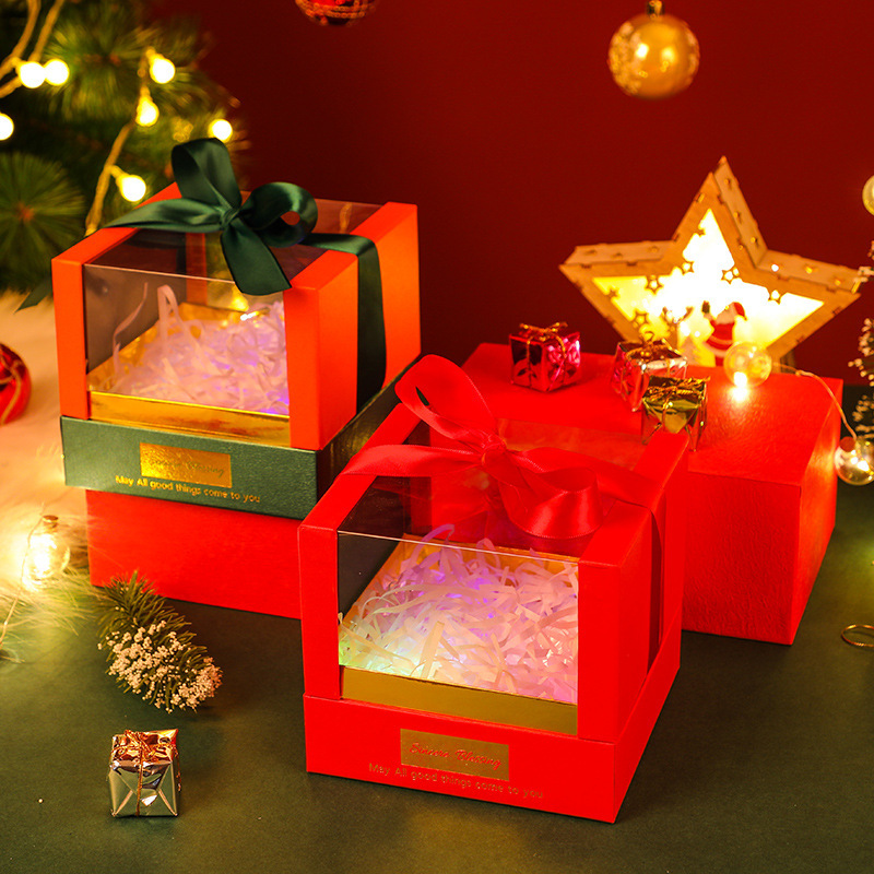 新款圣诞节正方形平安果打包盒透明苹果包装盒折叠蝴蝶结礼盒批发