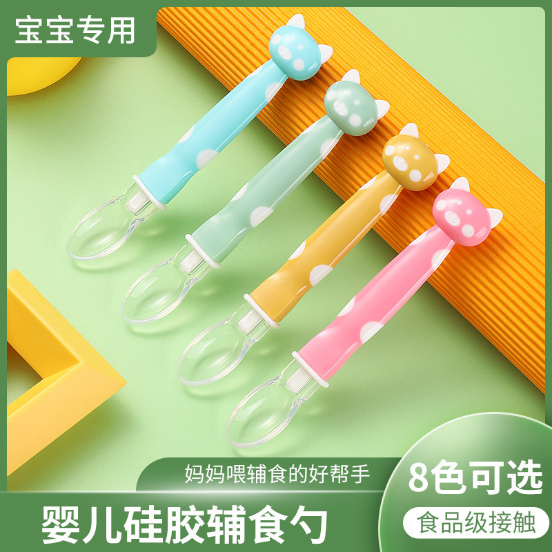 英語版カード付き ベビースプーン 子供用食器 シリコン製ソフトスプーン 赤ちゃん用食事練習用スプーン 曲がったスプーン