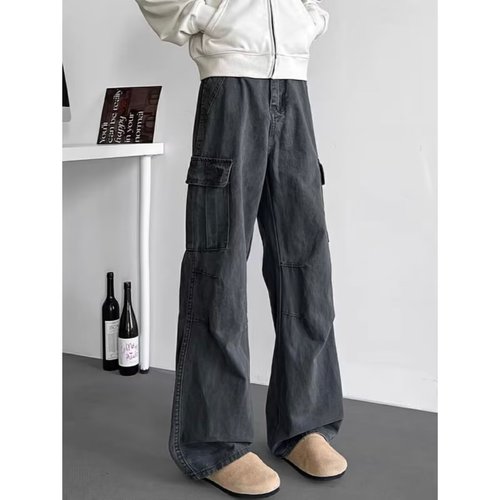 Men's Cargo Pants 2025 Spring/Summer Loose Wide-Leg Casual Trousers, American-Style Streetwear with Multiple Pockets