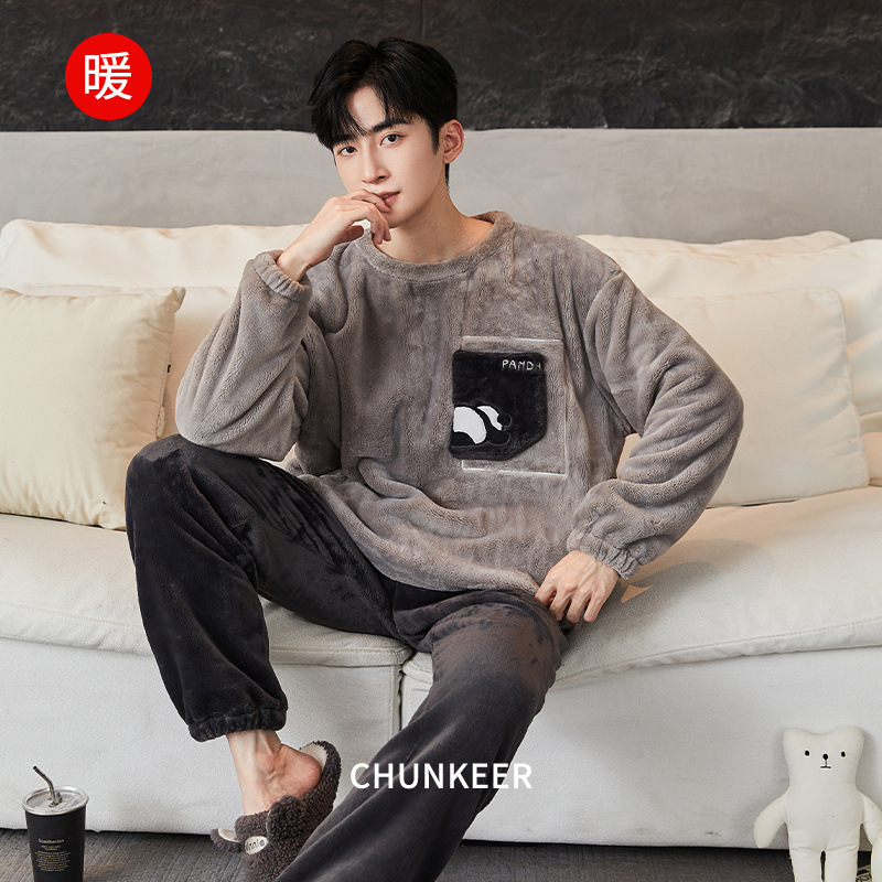 Plush Pajamas Men's Winter Warm Casual Flannel Suit Cartoon Can Be Worn Outside Home Clothes Manufacturer Wholesale