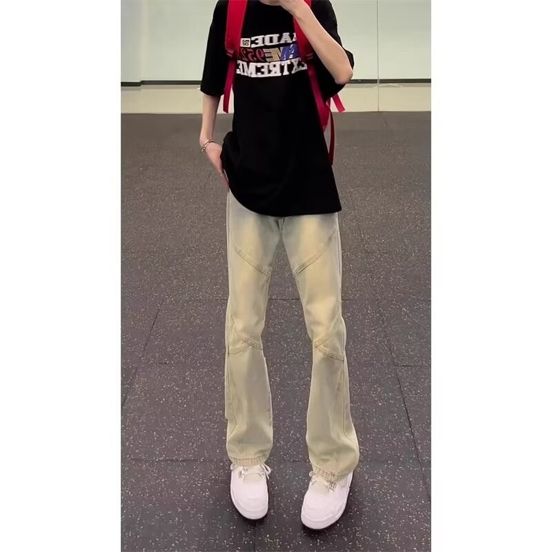 潮圆领标准复古蓝高腰排扣牛仔裤男vibe裤子时尚青少年纯色牛仔