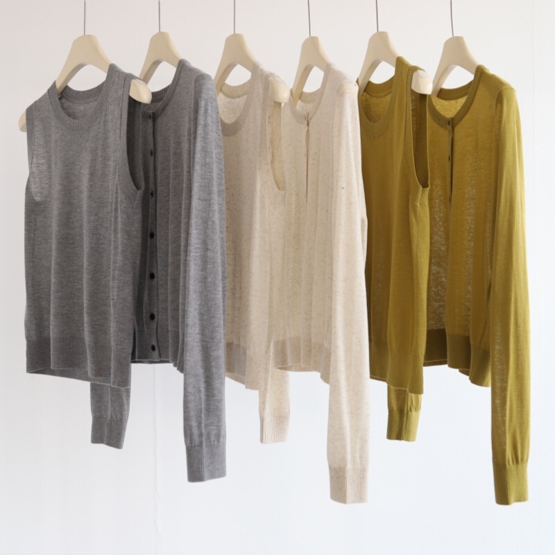 Tencel Linen Elegant Simple Long-Sleeved Single-Breasted Knitted Cardigan Jacket + Round-Neck Vest Two-Piece Set for Women Tencel Linen Elegant Simple Long-Sleeved Single-Breasted Knitted Cardigan Jacket + Round-Neck Vest Two-Piece Set for Women