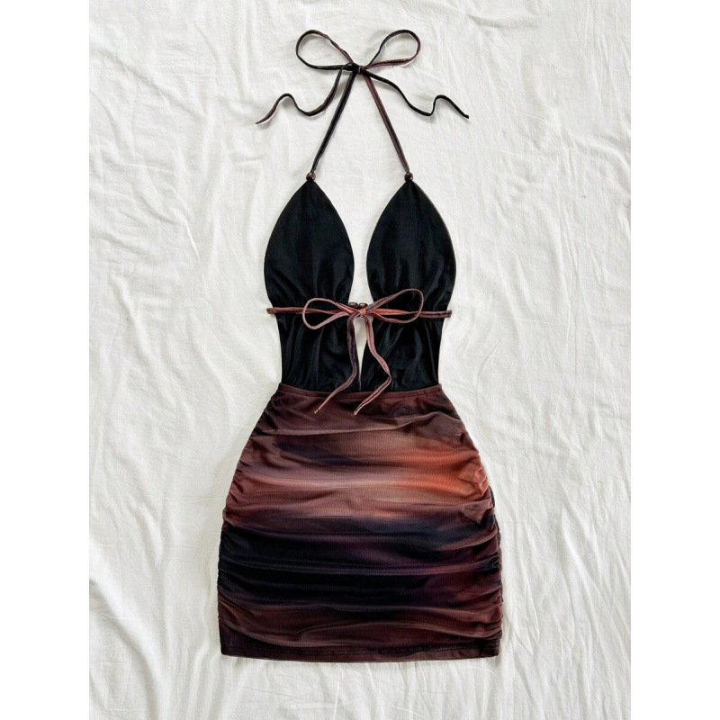 T 14213 Aliexpress nuevo comercio exterior transfronterizo retro teñido impresión abstracta profunda V-collar