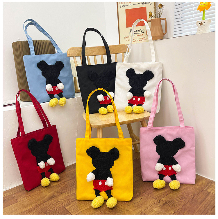 Cute cartoon canvas portable shopping bag new student make-up bag large capacity plush doll children's shoulder bag