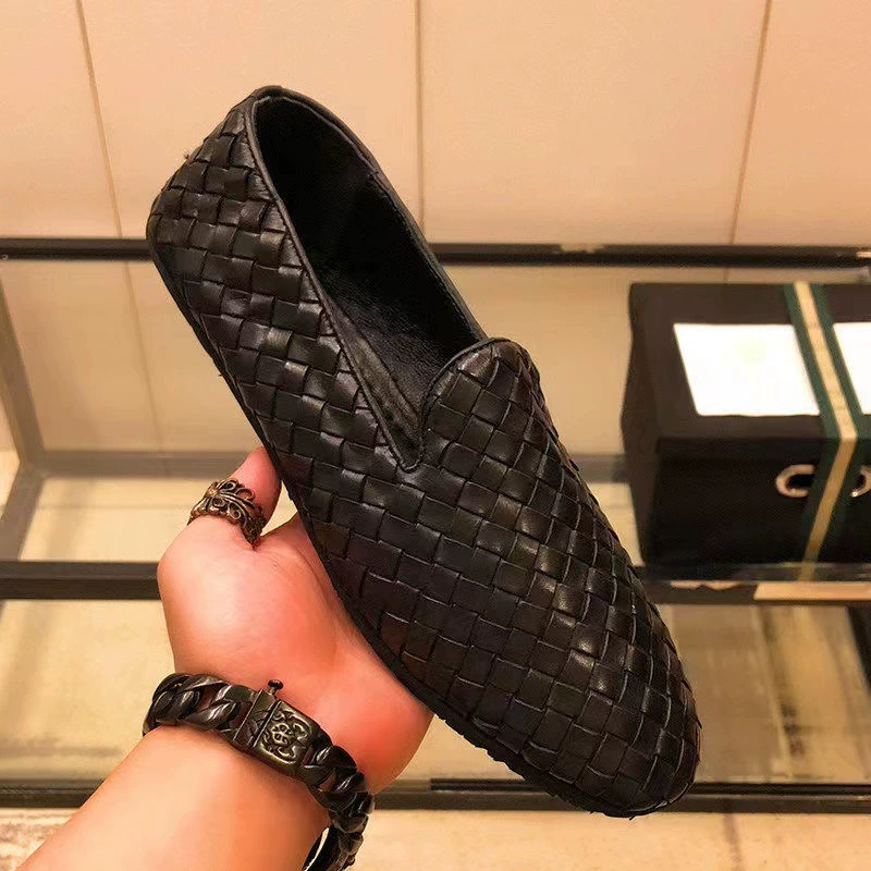 Тканые туфли, мужская повседневная обувь для вождения, мокасины из натуральной кожи, Тканые вручную для мужчин