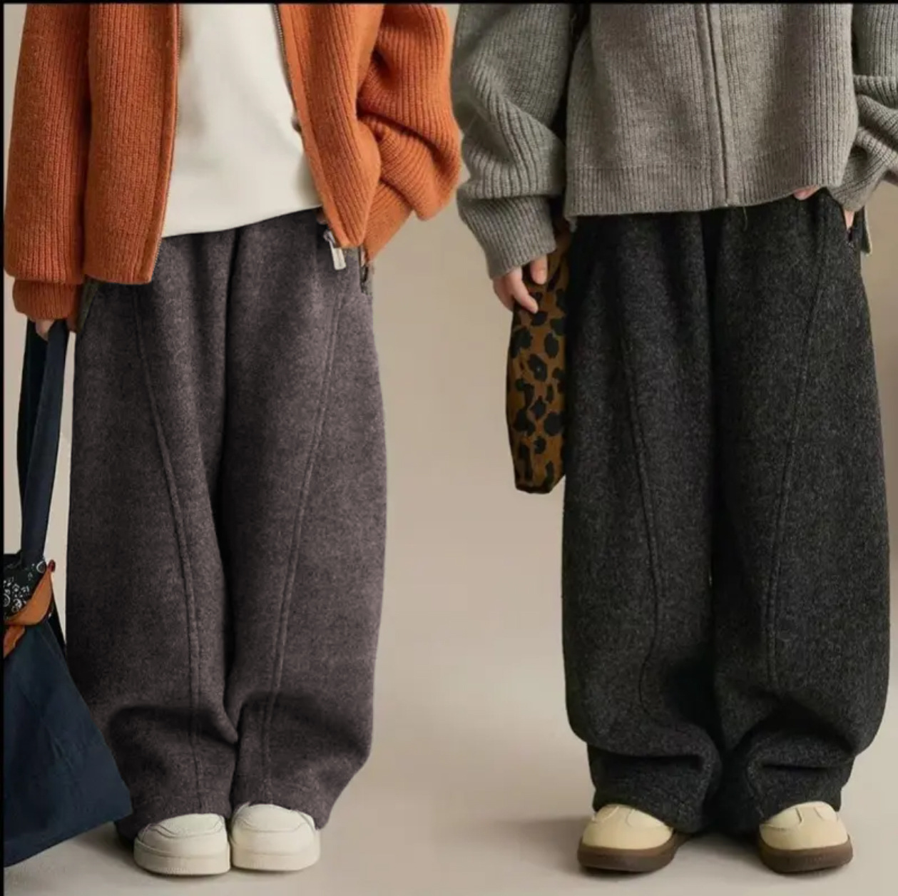 2025中大儿童保暖加绒弯刀裤秋冬新款亲子款纯色休闲裤一件代发