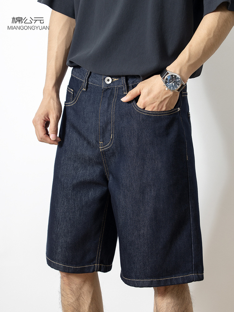 Cotton 2026 Summer New Style Original Color Straight-Leg Denim Shorts for Men, Loose Lyocell Mid-Length Pants, Dark Blue Five-Point Shorts