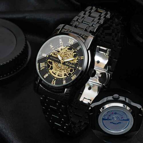 Aili Feida quartz skeleton watch for men—visible back cover, livestream sales, butterfly clasp, dropshipping available.