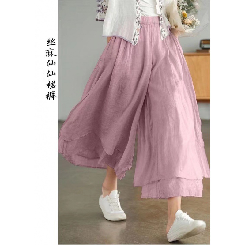 2023年夏季新款文艺范宽松阔腿裤双层超仙棉麻高腰九分裤裙女