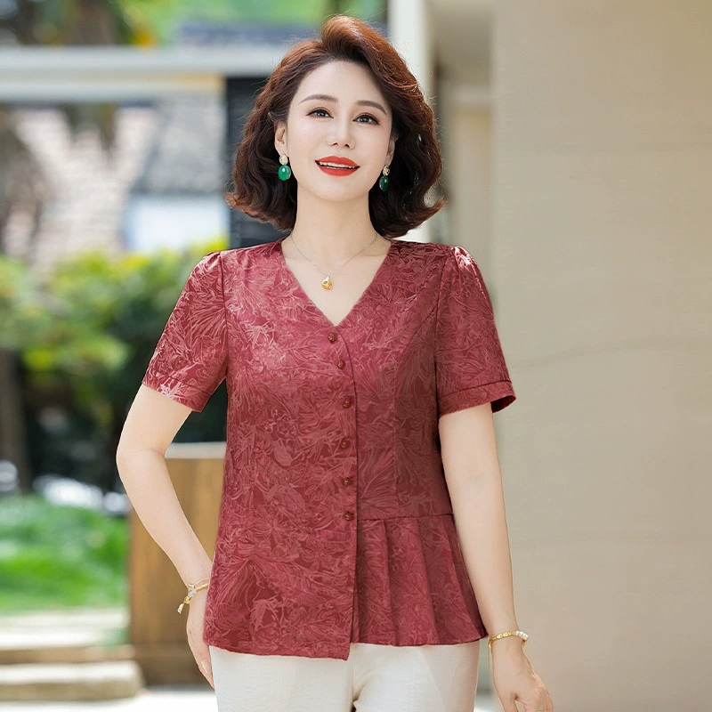 Летняя рубашка в китайском стиле в стиле ретро для мамы, новый стиль, элегантная футболка для похудения талии среднего и пожилого возраста, женский топ с короткими рукавами