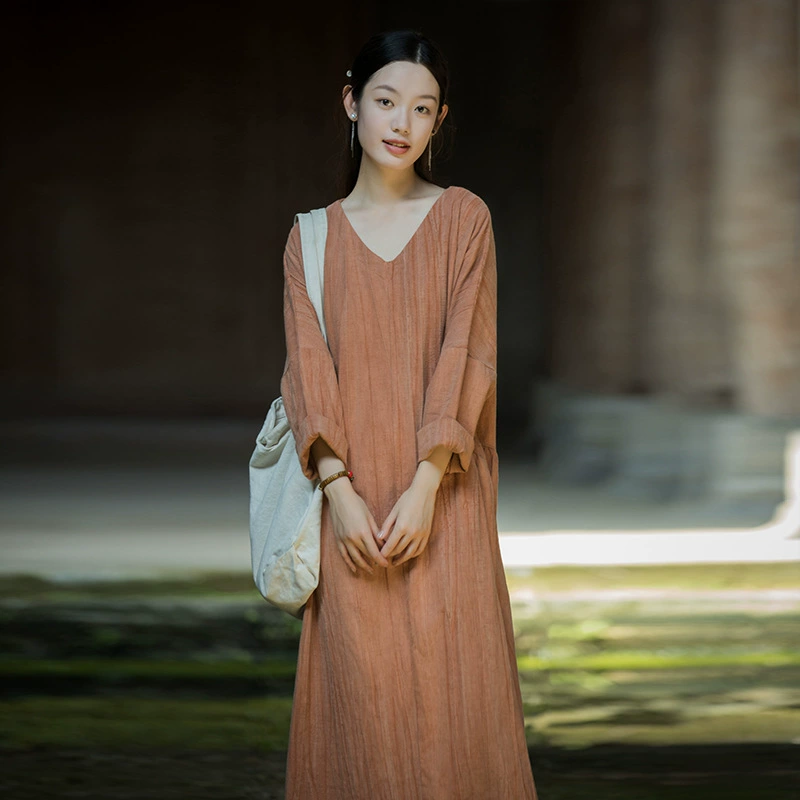 Новое женское платье в китайском стиле из рами и хлопка с эффектом тай-дай, осень-зима 2025, для дома и путешествий, художественный стиль