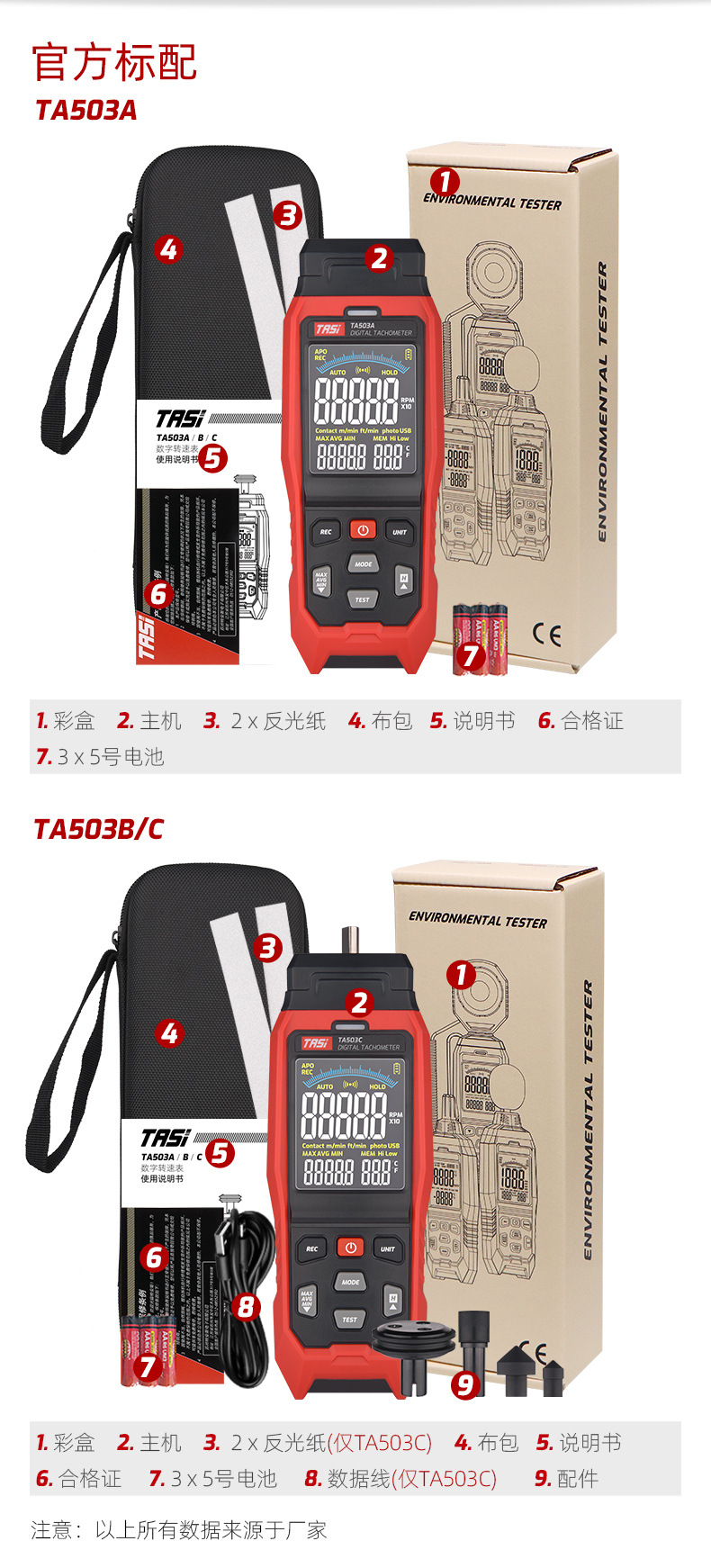 Teans TA503A/B/C Digital Display Laser Tachometer Contact Tachometer Motor Line Speed Measuring Instrument
