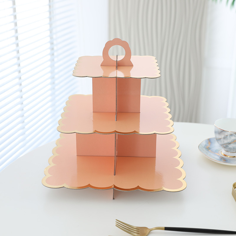 使い捨て多層紙ケーキスタンド誕生日パーティー用品三層ホットスタンピングデザートテーブルケーキオーナメント装飾|undefined