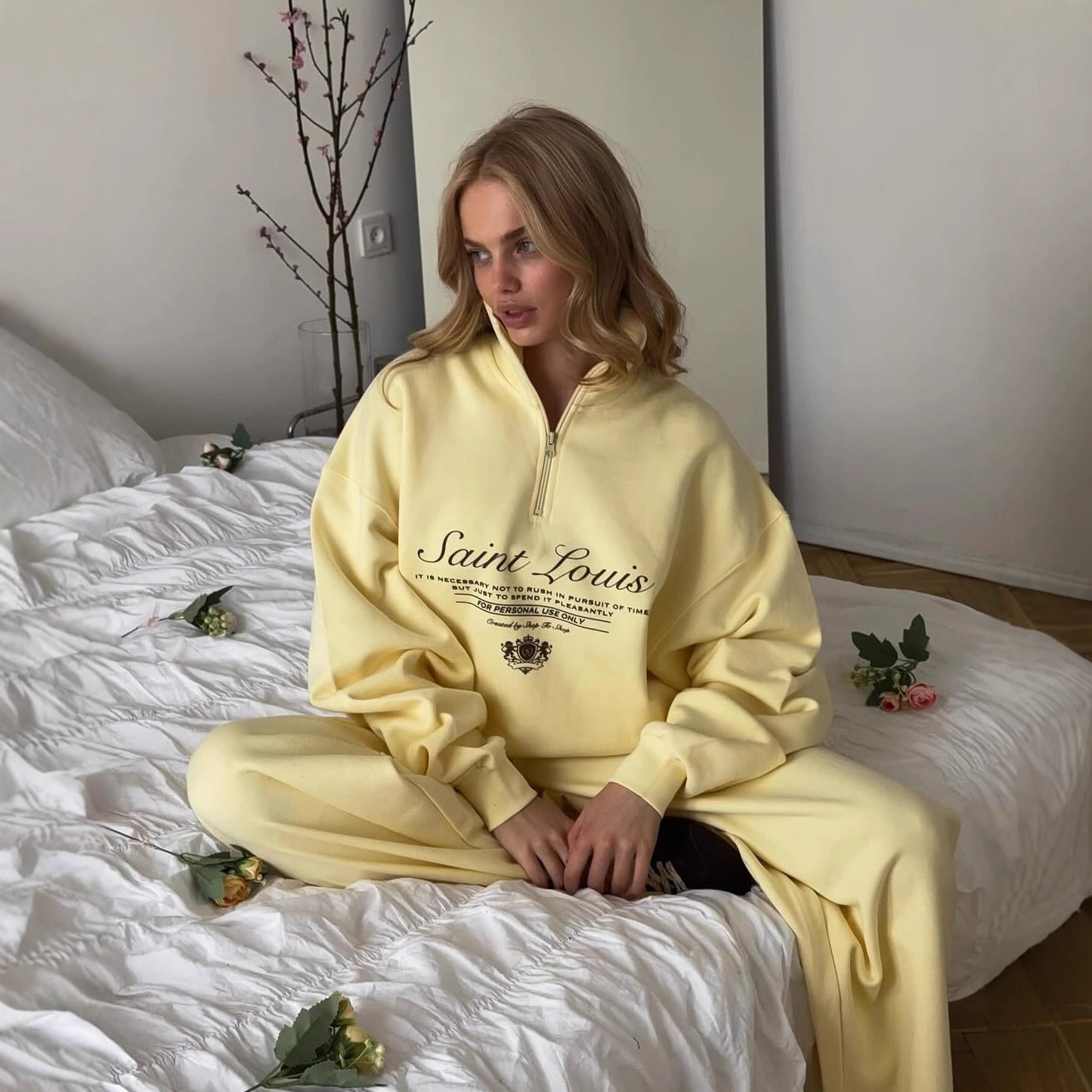 Unisex Oversized Letter Print Half-Zip Sweatshirt & Straight-Leg Joggers Set (95% Organic Cotton, Gender-Neutral Streetwear, Minimalist Aesthetic)_voghion.com