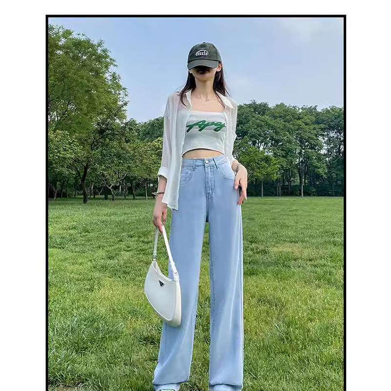 2024 new women's jeans mid-waist straight loose elastic lightweight belly fashion leisurely temperament jeans