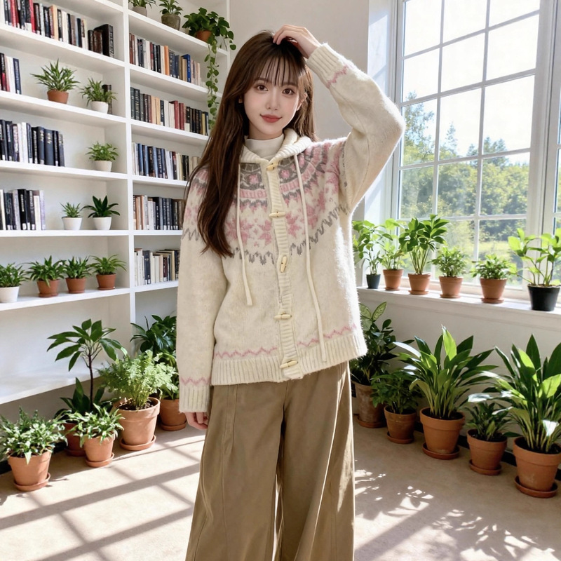 Fair Isle Horn Button Hooded Knitted Sweater Jacket for Women Autumn and Winter Lazy Style Thickeneded Cardigan Top Winter Women's Clothing
