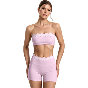 AYM041827 Sports Crop Top with Contrast Scallop Trim Yoga Set Aoyema wholesale