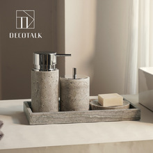 侘寂风天然银灰洞石卫浴五件套洗漱套装洗手台托盘样板间摆件