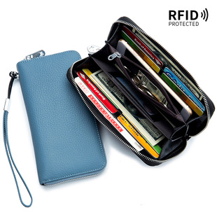 Women's Wallet Long Genuine Leather Rfid First Layer Cowhide Clutch Bag Soft Leather Simple Wallet Mobile Phone Bag Men's Cross-Border