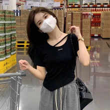 棉纯欲显瘦2025夏季新款不规则圆领短袖T恤短裤设计感打底上衣女