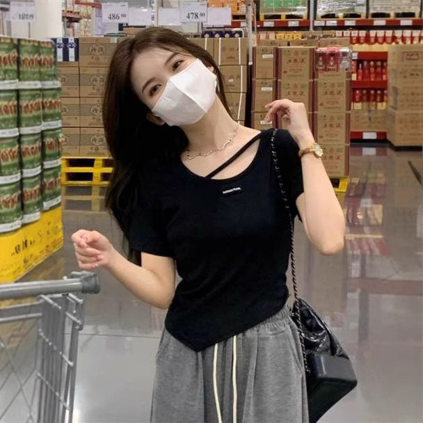 棉纯欲显瘦2025夏季新款不规则圆领短袖T恤短裤设计感打底上衣女