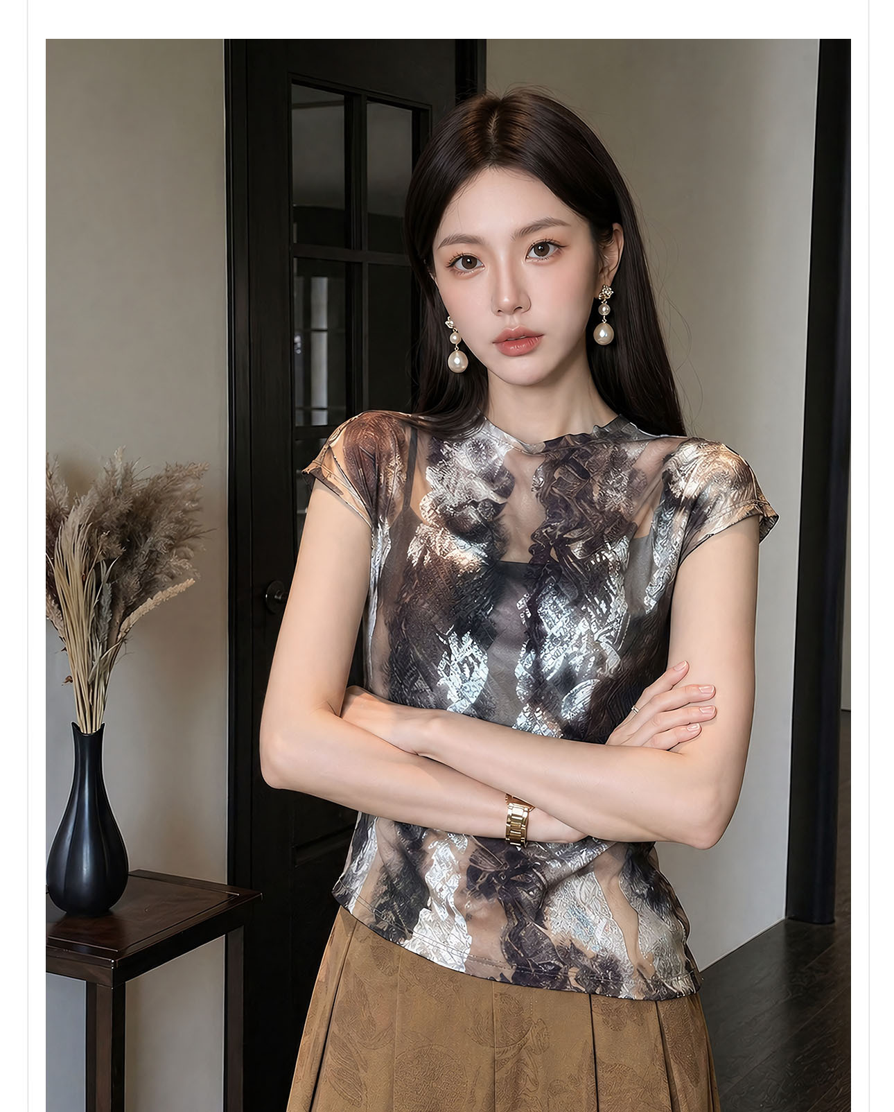 Áo sơ mi dài tay nữ phong cách Tân Trung Hoa, họa tiết in thắt nút ren — Đỏ cam, Trắng nguyệt chi tiết 18
