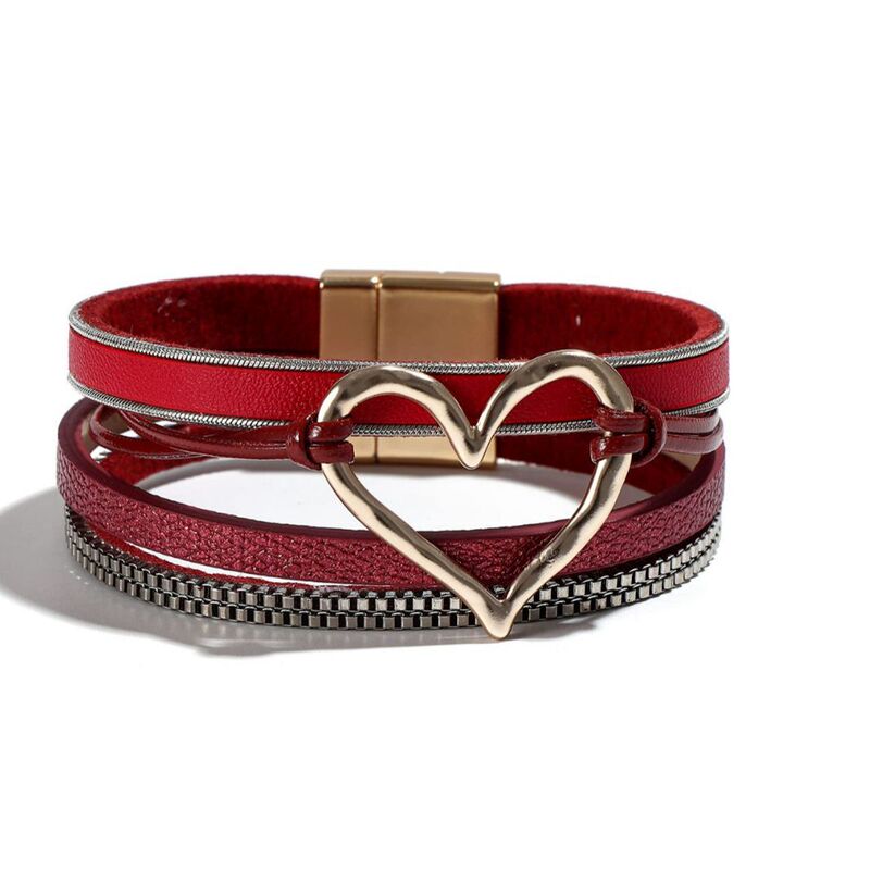 Cross-border New Heart Fashion Leather Bracelet Stainless Steel Magnetic Buckle Peach Heart Girl Gift Multi-layer Bracelet
