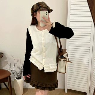 大码女装设计感拼接花边马甲背心女2026冬胖mm无袖针织开衫23622