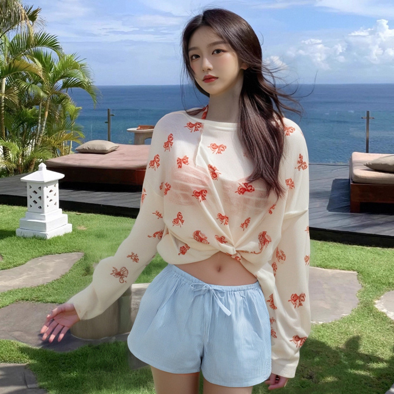 Blusa de manga larga, bikini, traje de baño de tres piezas para mujer, chica sexy, traje de baño de aguas termales de vacaciones de playa blanca